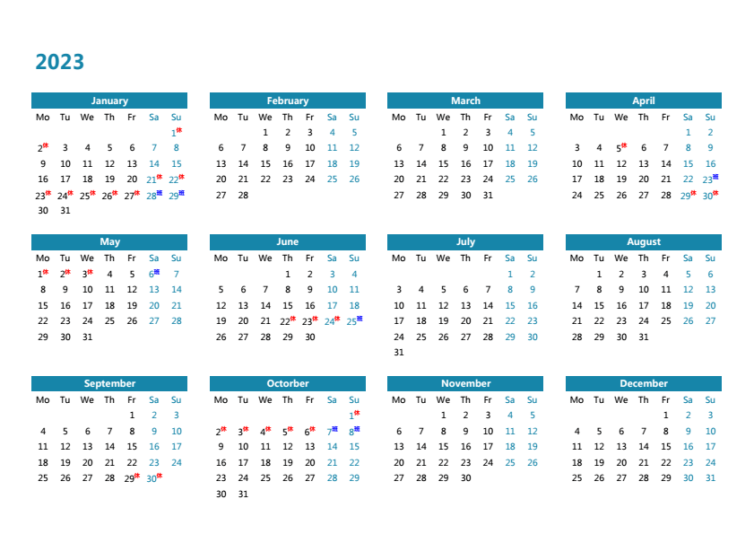 2023年日历 带节假日安排 A4横向 英文版 无农历 无周数 周一开始